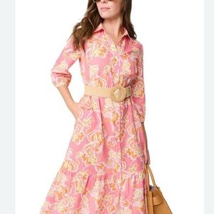 J.McLaughlin Foley Linen Cotton Orange Pink Floral Midi Shirt Dress Women’s S